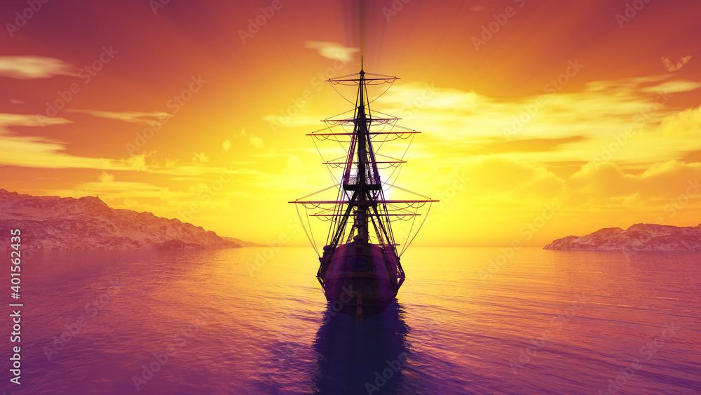 old ship sunset at sea 3d rendering