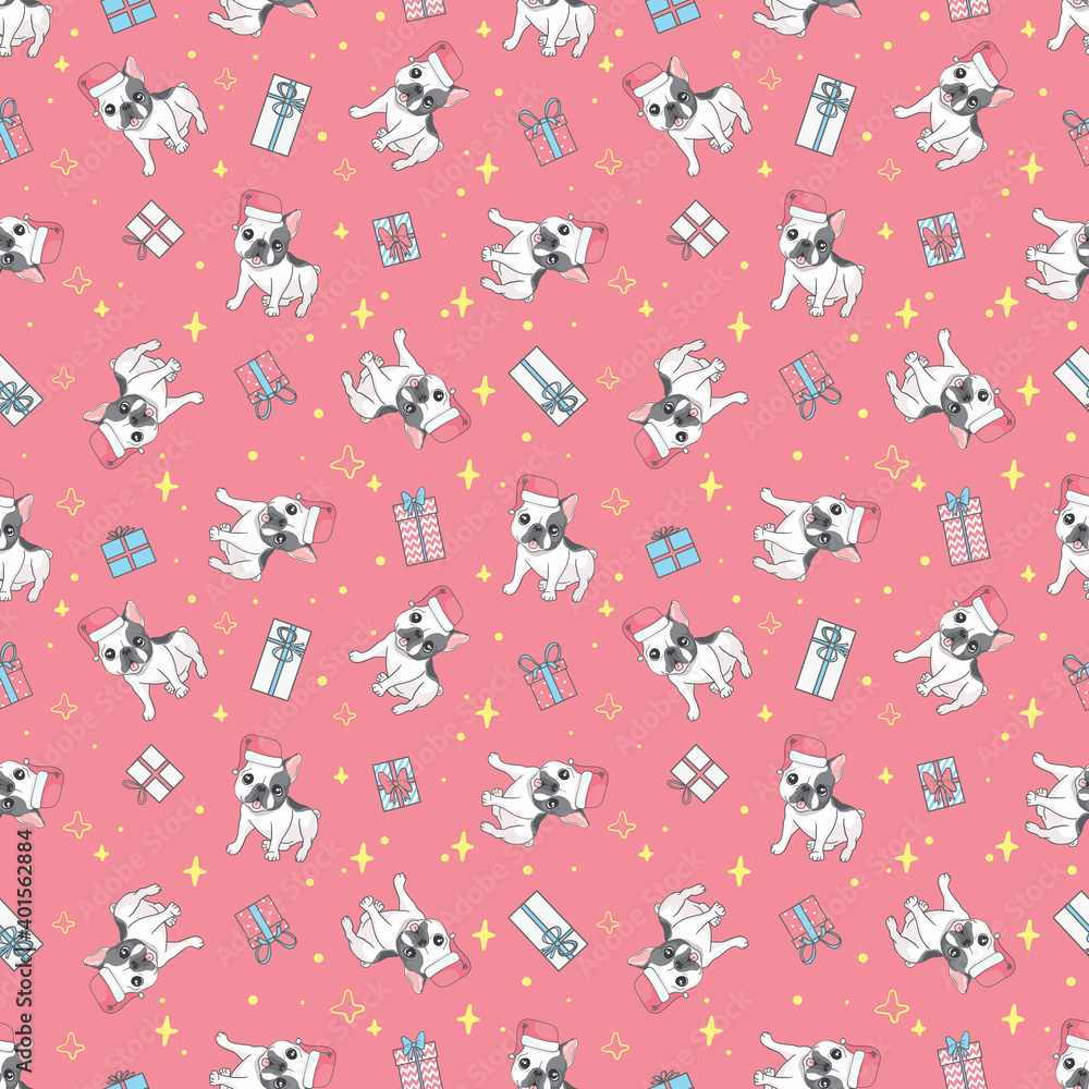 Dog seamless pattern Christmas. French bulldog Santa Claus Xmas hat and candy cane cartoon. Dog seamless pattern Christmas. French bulldog Santa Claus Xmas hat and candy cane cartoon.