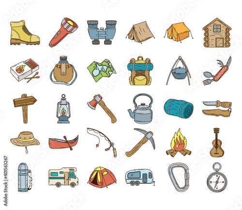 bundle of thirty camping set line and fill icons