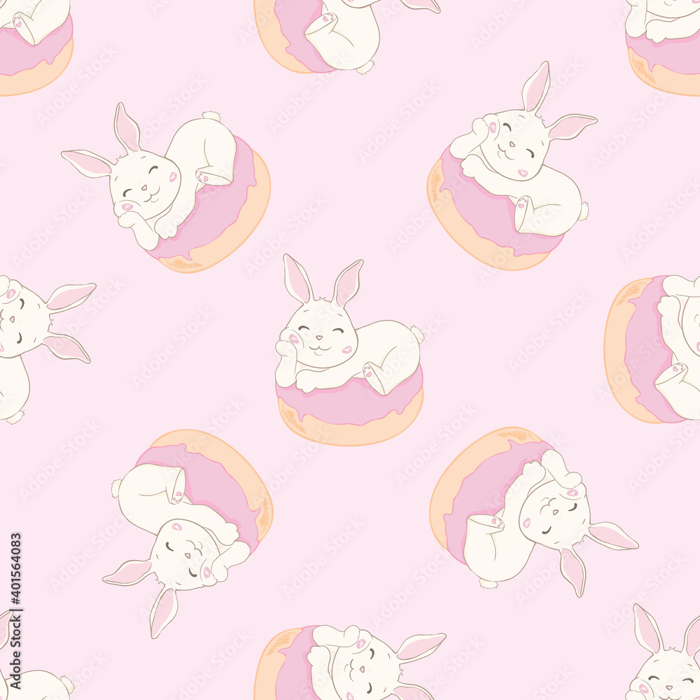 Seamless pattern with cartoon cute rabbit, sweet donut . Funny postcard. Hand-drawn vector illustration. Seamless pattern with cartoon cute rabbit, sweet donut . Funny postcard. Hand-drawn vector illustration.