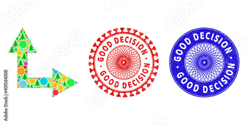 Bifurcation arrow right up composition of New Year symbols, such as stars, fir trees, color spheres, and GOOD DECISION unclean stamp imitations. Vector GOOD DECISION watermarks uses guilloche pattern,