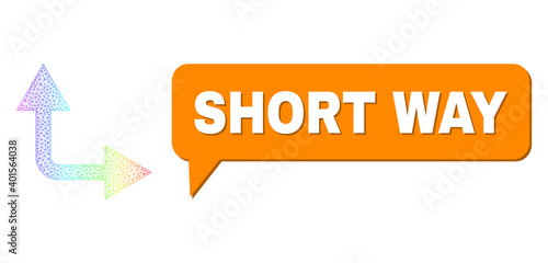 Short Way and bifurcation arrow right up vector. Spectrum colored mesh bifurcation arrow right up, and chat Short Way bubble frame. Chat colored Short Way cloud has shadow.
