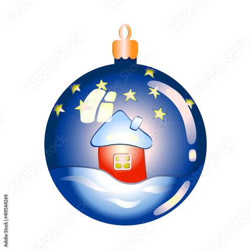 Christmas toy. Christmas tree decoration. Christmas toy. Vector illustration of a glass ball for decorating a Christmas tree. Blue glass ball with the image of a house in the snow, against the starry 