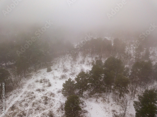 Aerial drone view. Snowy forest in dense fog