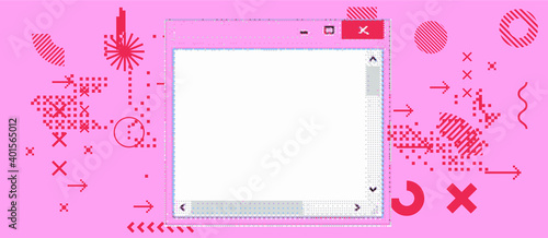 Vaporwave retro user interface with open blank window of text editor. Retrofuturistic abstract illustration with pixel glitches.