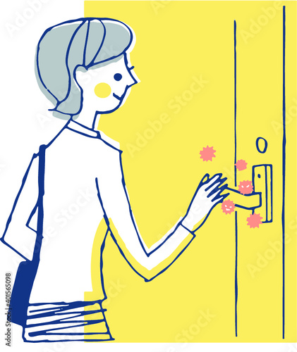 ウイルスが付いたドアノブを触る女性