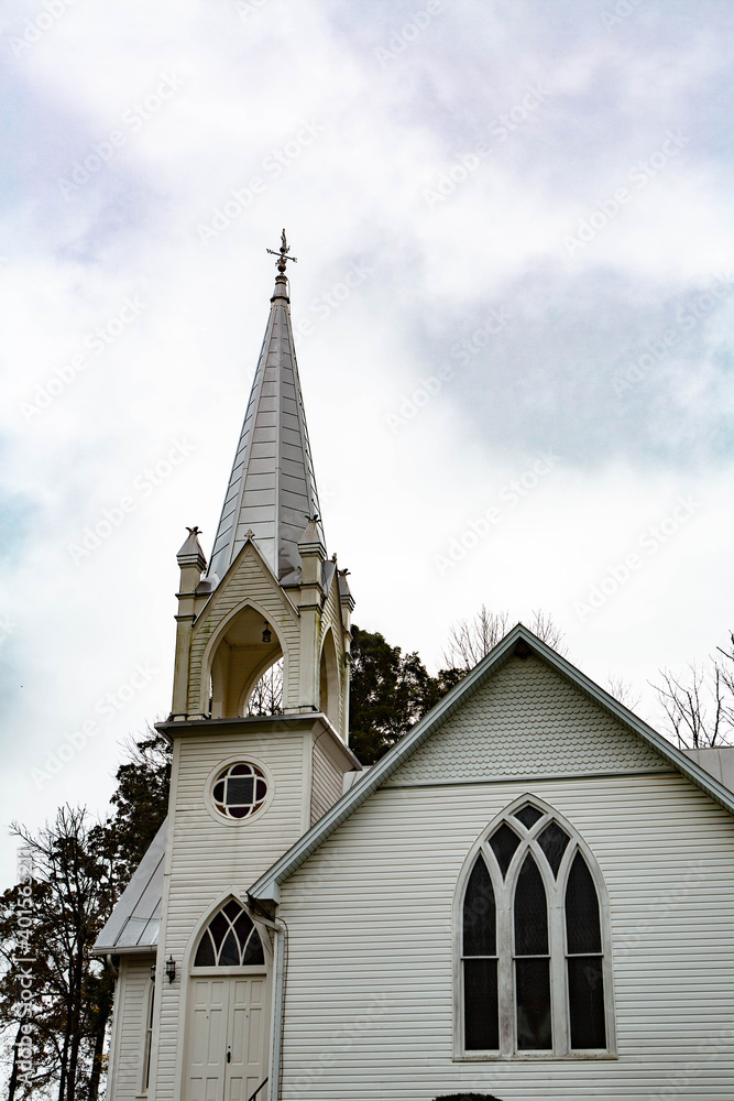 White Church Steeple In The Country Near Smoky Mountains White Church Steeple In The Country Near Smoky Mountains