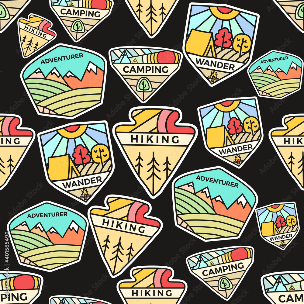 Camping adventure badges pattern. Outdoor hiking seamless background with tent, mountains, cabin life scene. Stock vector texture