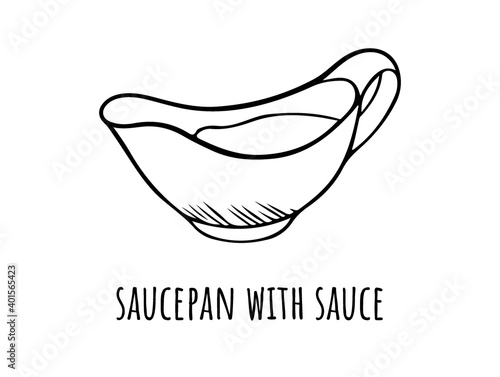 Vector illustration of a gravy boat with sauce. Jar for ketchup, mustard, curry sauce, chilli. Sketch drawing hand drawn. For the menu of restaurants, cafes, posters
