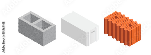 Isometric vector illustration building blocks isolated on white background. Set of different building blocks vector icons in flat cartoon style. Concrete block, cinder block, ceramic block.