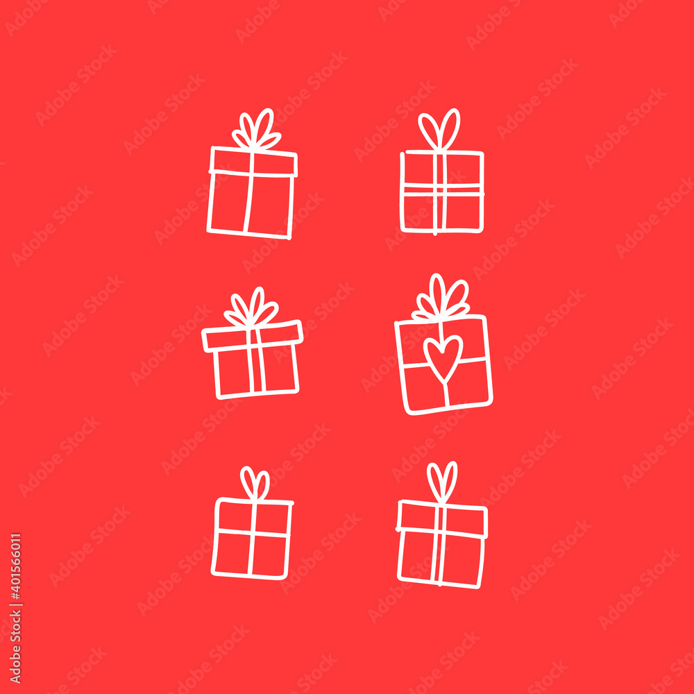 Hand drawn gifts collection. Present box with ribbons. Doodle illustrations. Christmas gift symbols. Hand drawn gifts collection. Present box with ribbons. Doodle illustrations. Christmas gift symbols.