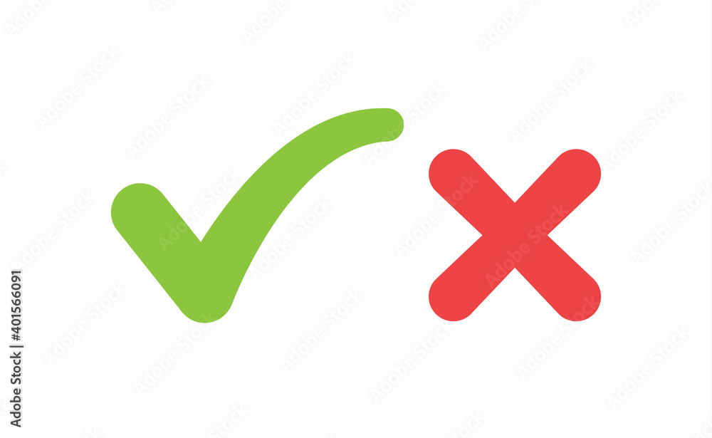 Check mark icons. Green tick and red x. Symbols of approval. Check mark icons. Green tick and red x. Symbols of approval.
