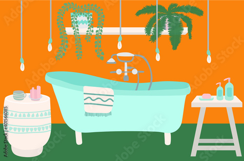 Vector bathroom interior. Turquoise retro bath with retro mixer tap. Home plants, coffee tables with candles, loft lamps. Vector flat style interior sketch.