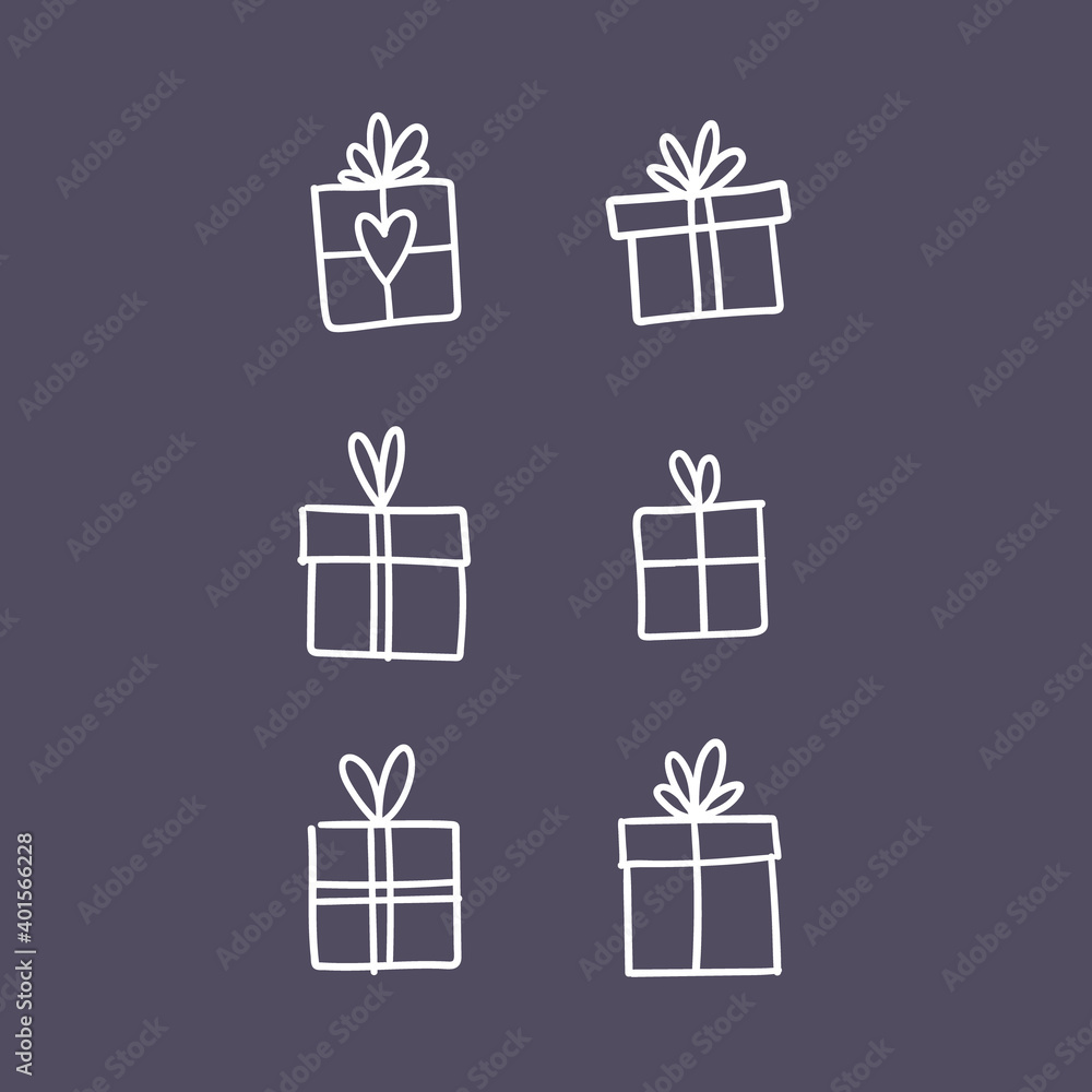 Hand drawn gifts collection. Present box with ribbons. Doodle illustrations. Christmas gift symbols. Hand drawn gifts collection. Present box with ribbons. Doodle illustrations. Christmas gift symbols.