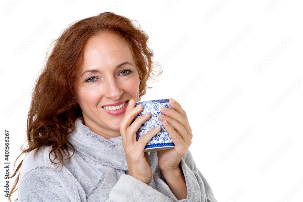 Smiling woman holding porcelain mug Smiling woman holding porcelain mug