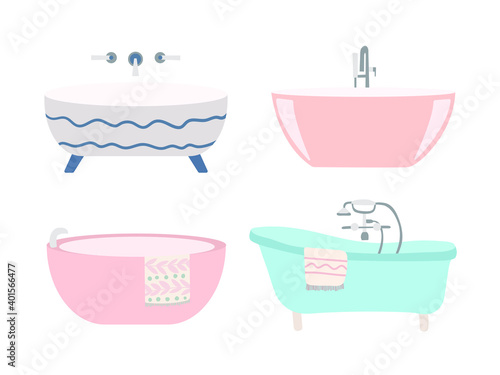 Vector bath set. Different kinds of baths Retro bathroom. Mixer tap. Isolated on white background. 