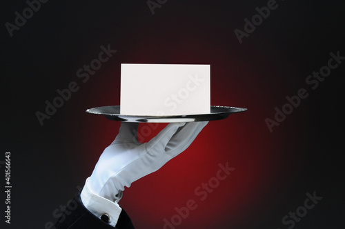 Obraz na płótnie Hand Holding a Service Bell on Tray