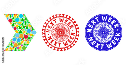 Direction right collage of New Year symbols, such as stars, fir trees, color circles, and NEXT WEEK grunge stamps. Vector NEXT WEEK watermarks uses guilloche ornament,