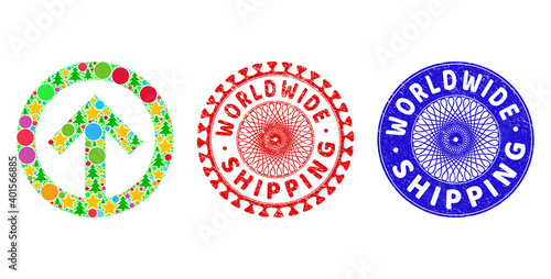 Direction up collage of Christmas symbols, such as stars, fir-trees, colored round items, and WORLDWIDE SHIPPING textured seals. Vector WORLDWIDE SHIPPING stamp seals uses guilloche pattern,