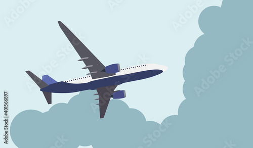 Flat airliner flying in the sky. Side view from the bottom. Vector Illustration