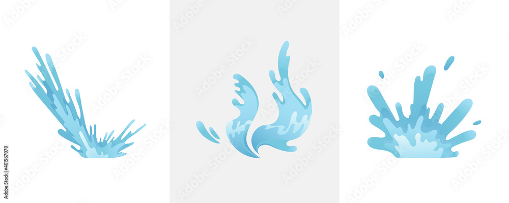 Fototapeta premium Blue waves and water splashes set, wavy symbols of nature in motion Illustrations.