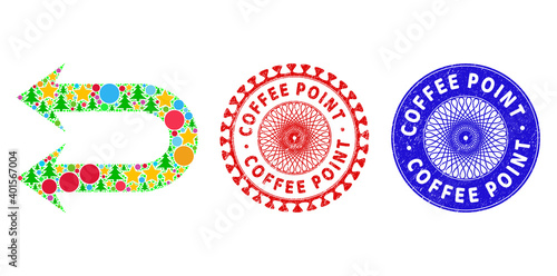 Double left arrow composition of New Year symbols, such as stars, fir trees, color round items, and COFFEE POINT textured seals. Vector COFFEE POINT seals uses guilloche pattern,
