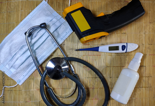 set of medical instruments on wooden background