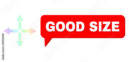 Good Size and expand arrows vector. Rainbow vibrant network expand arrows, and chat Good Size bubble message. Chat colored Good Size bubble has shadow.