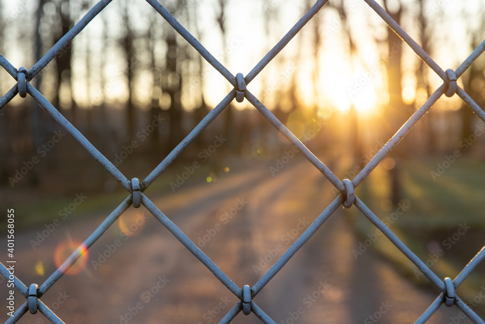 Chain-link fence at sunset. Steel link Close-up horizontally. Chain-link fence at sunset. Steel link Close-up horizontally.