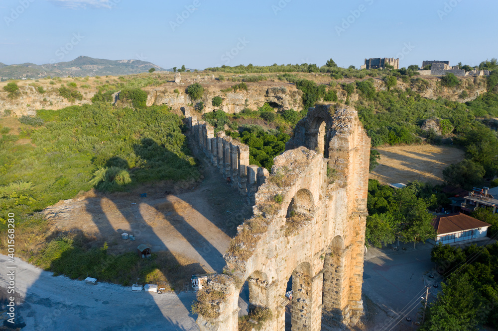 Aqueducts in the ancient city of Aspendos in Antalya, Turkey. Aerial View