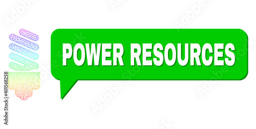 Power Resources and fluorescent bulb vector. Spectral colorful mesh fluorescent bulb, and conversation Power Resources cloud message. Conversation colored Power Resources cloud has shadow.