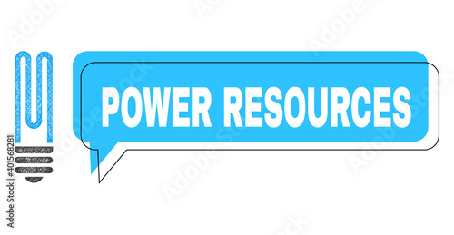 Conversation Power Resources blue bubble message and wire frame fluorescent bulb. Frame and colored area are misplaced for Power Resources caption, which is located inside blue colored bubble.