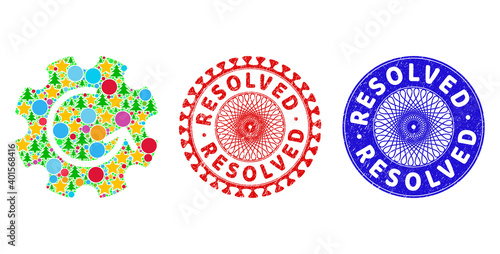 Gear rotation collage of New Year symbols, such as stars, fir trees, multicolored round items, and RESOLVED corroded stamp prints. Vector RESOLVED watermarks uses guilloche ornament,