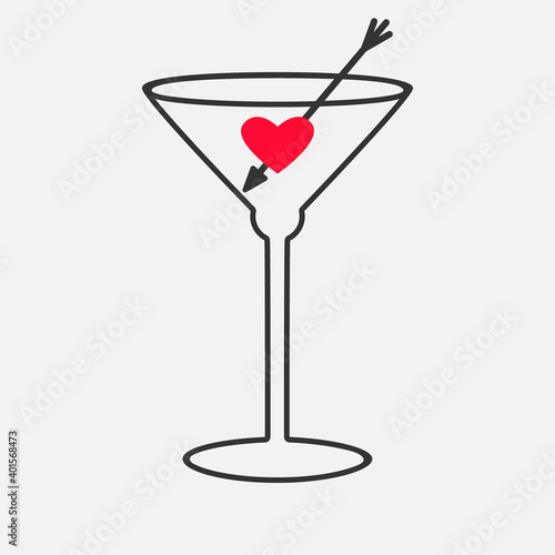 Cocktail glass icon, alcoholic drink, dry Martini with red heart symbol, arrow, outline illustration