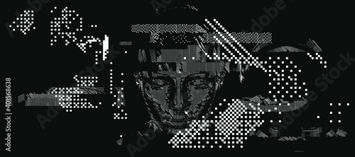 Android head made of pixels and particles. Artificial Intelligence, Neural network and futuristic technology concept.  