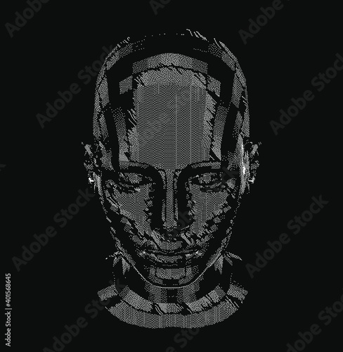 Android head made of pixels and particles. Artificial Intelligence, Neural network and futuristic technology concept.  