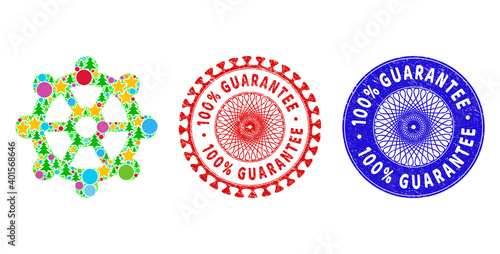 Gear composition of New Year symbols, such as stars, fir trees, colored round items, and 100% GUARANTEE rough stamp seals. Vector 100% GUARANTEE stamp seals uses guilloche ornament,