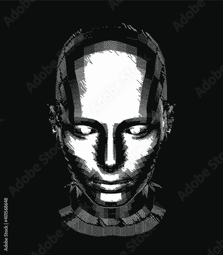 Android head made of pixels and particles. Artificial Intelligence, Neural network and futuristic technology concept.  