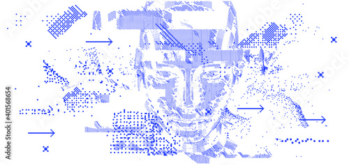 Android head made of pixels and particles. Artificial Intelligence, Neural network and futuristic technology concept.  