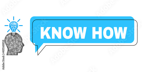 Conversation Know How blue cloud message and net genius bulb. Frame and colored area are misplaced for Know How phrase, which is located inside blue colored cloud.