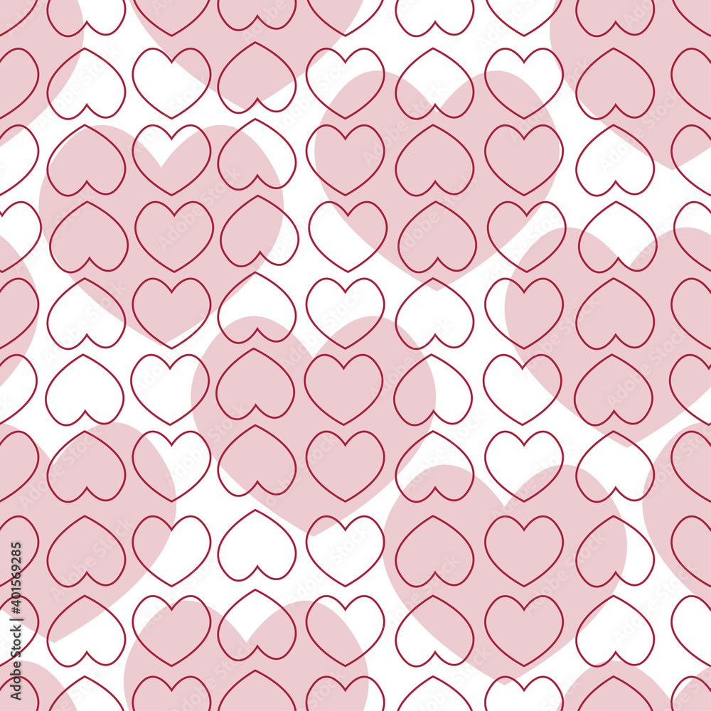 Background with pink hearts and red outlines on white background. Seamless pattern.Vector illustration 