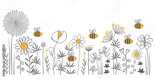 bees in a wildflower meadow, grey, white and yellow, filigree, vector, illustration, hand drawing