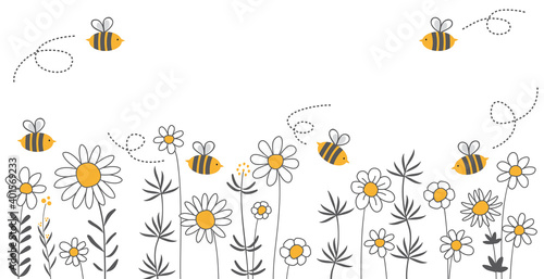 bees in a wildflower meadow, grey, yellow and white, save the bees,  filigree, vector, illustration, hand drawing