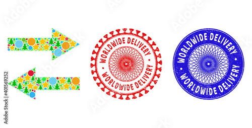 Horizontal flip arrows collage of Christmas symbols, such as stars, fir-trees, color circles, and WORLDWIDE DELIVERY rough stamp imitations. Vector WORLDWIDE DELIVERY seals uses guilloche ornament,