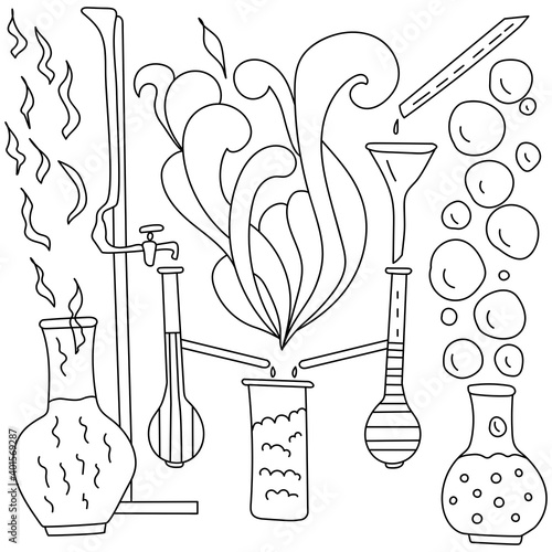 Contour coloring page with scientific paraphernalia, flasks, funnels and burettes surrounded by fantasy patterns