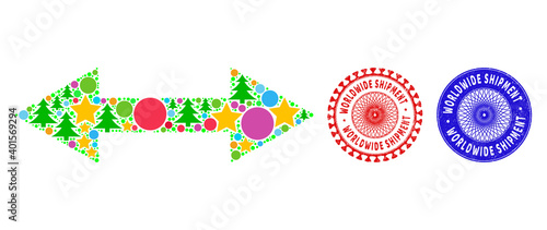 Horizontal flip mosaic of New Year symbols, such as stars, fir trees, multicolored balls, and WORLDWIDE SHIPMENT rough stamp seals. Vector WORLDWIDE SHIPMENT stamp seals uses guilloche pattern,