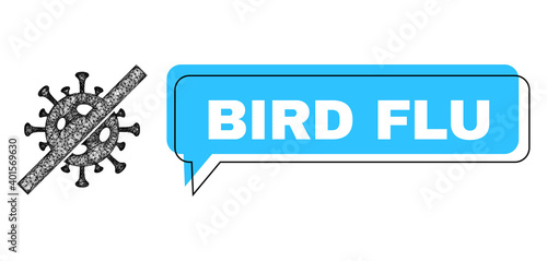 Conversation Bird Flu blue cloud frame and crossing mesh no flu virus. Frame and colored area are misplaced for Bird Flu label, which is located inside blue colored cloud.
