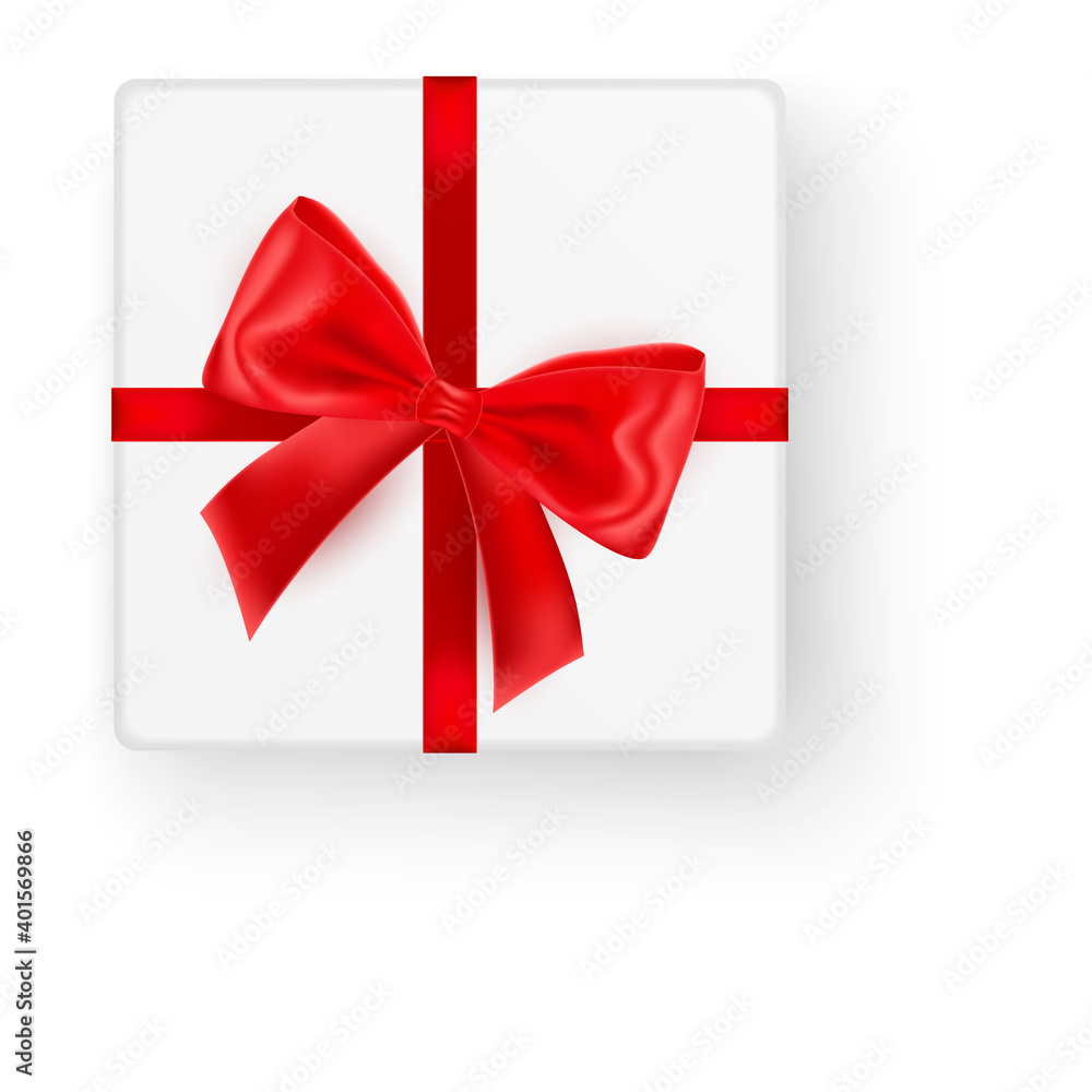 White square gift box with big shiny red bow ribbon top view isolated on white background. Realistic vector illustration of gift mockup. Concept of package for Christmas, Valentine day or birthday