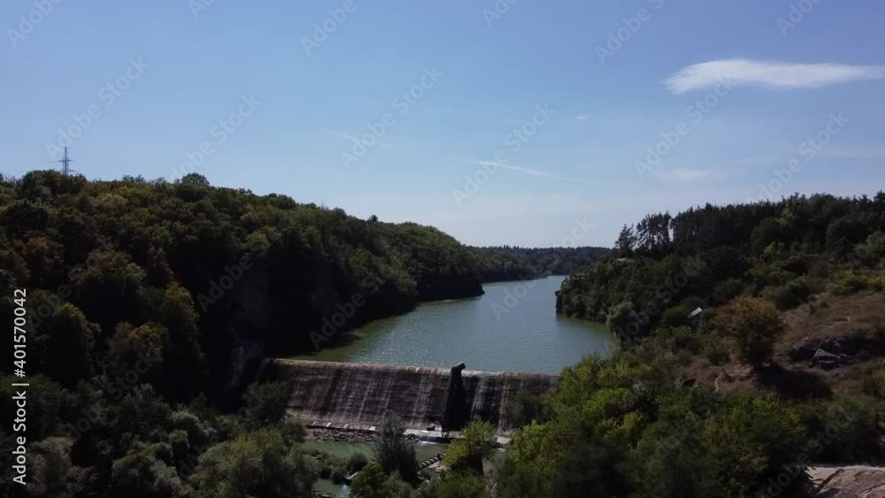 View of the dam in the river. Drone Video. Park near Teteriv River. Zhytomyr. Ukraine. Europe View of the dam in the river. Drone Video. Park near Teteriv River. Zhytomyr. Ukraine. Europe