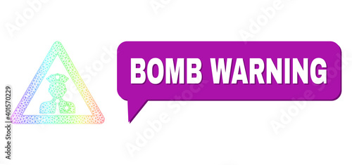 Bomb Warning and policeman warning vector. Spectral vibrant network policeman warning, and conversation Bomb Warning bubble frame. Conversation colored Bomb Warning bubble has shadow.